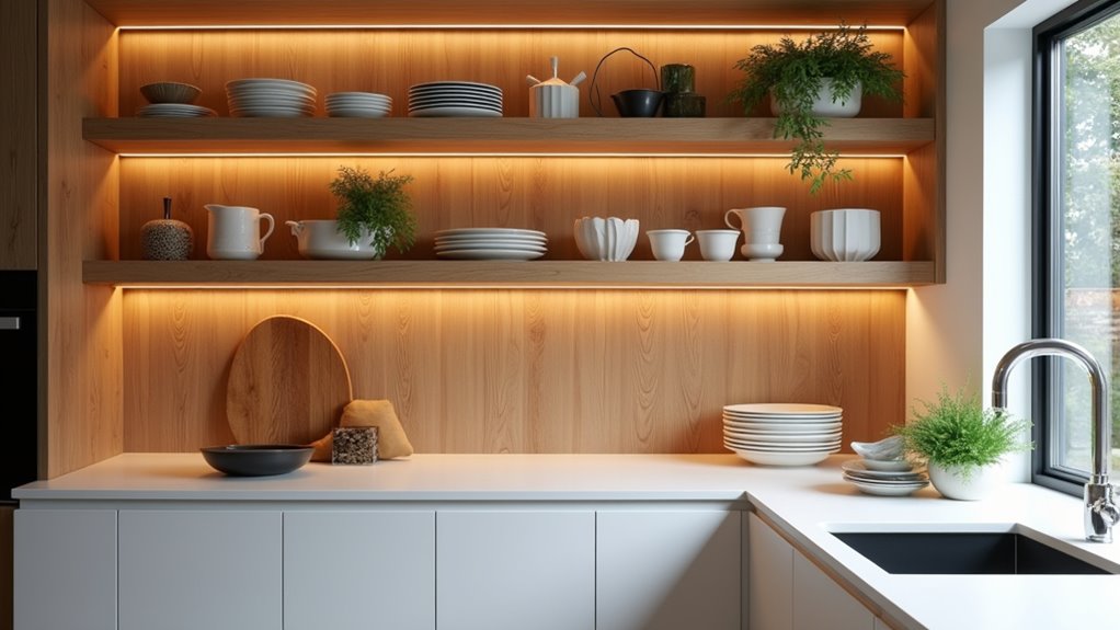 open shelving with spotlighting