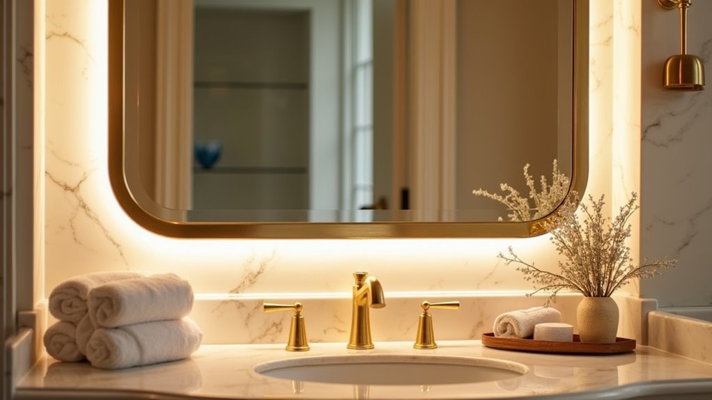 contemporary brass edge lit mirror