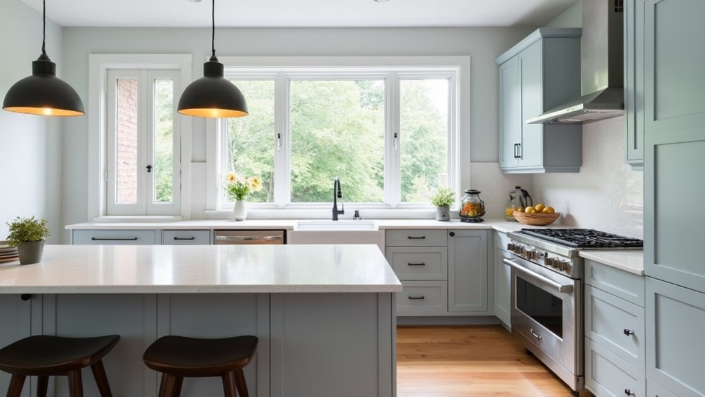 elegant light grey blue kitchen